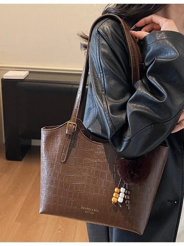 Borsa a Tracolla in Pelle PU con Motivo a Coccodrillo Retrò Donna Grande Capacità Tote Borsa a Secchiello con Ciondolo in Peluche