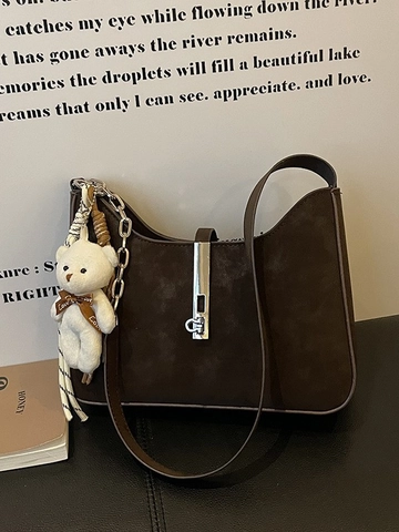 Borsa Sottobraccio in Camoscio Vintage da Donna Semplice Versatile Borsa a Tracolla Con Pendaglio Orsetto Autunno Inverno Pendolare Hobo