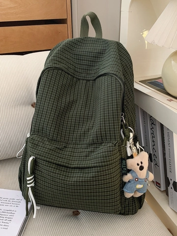 Fashion Plaid Nylon Backpack For Women Large Capacity School Bag Casual Travel Rucksack With Plush Bear Pendant Grid Bookbag