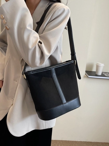 Sac Seau Vintage en Cuir PU Bloc de Couleur Texture Givrée Sac à Épaule Avec Bandoulière Réglable pour Femmes Sac à Main