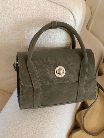 Vintage PU Leather Crossbody Bag For Women Retro Small Square Handbag With Metal Turn Lock Solid Color Fashion Shoulder Bag