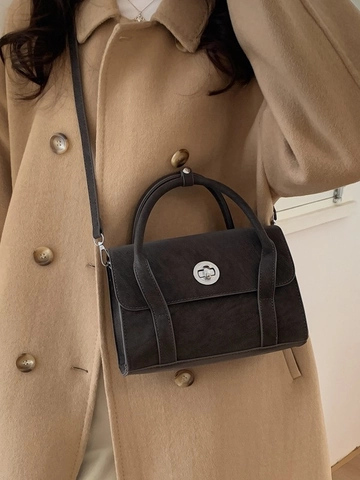 Vintage PU Leather Crossbody Bag For Women Retro Small Square Handbag With Metal Turn Lock Solid Color Fashion Shoulder Bag