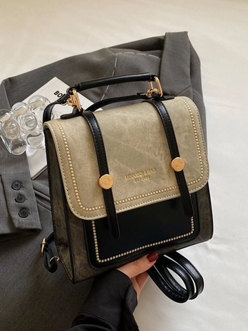 Mini Mochila Retro de Cuero PU para Mujer Bolso de Mano Cuadrado en Bloque de Color Con Decoración de Remaches Bolso de Hombro Multifunción