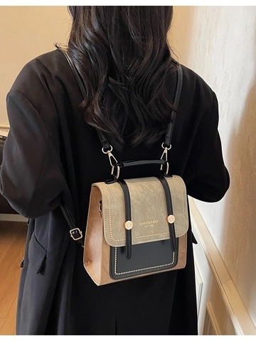 Mini Mochila Retro de Cuero PU para Mujer Bolso de Mano Cuadrado en Bloque de Color Con Decoración de Remaches Bolso de Hombro Multifunción