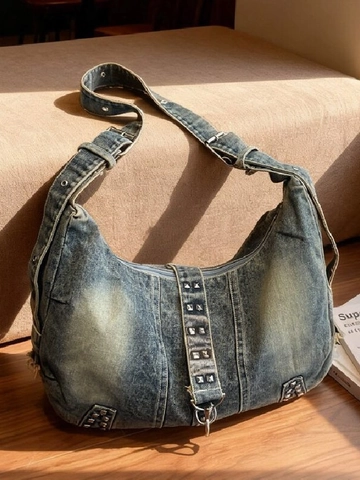 Vintage Washed Denim Hobo Τσάντα Ώμου για Γυναίκες Μεγάλη Χωρητικότητα Retro Punk Style Μεταλλικά Πριτσίνια Ρυθμιζόμενος Ιμάντας
