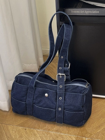 Sac à Épaule Baril en Toile Denim Rétro pour Femmes Sac Tote Grande Capacité Sous le Bras Avec Bandoulière Réglable