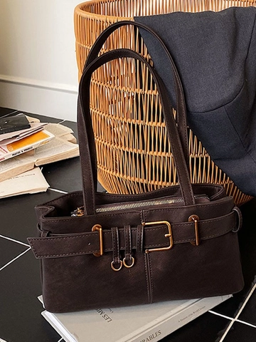 French Vintage Matte PU Leather Baguette Shoulder Bag For Women Retro Belt Buckle Underarm Bag Fashion Daily Handbag