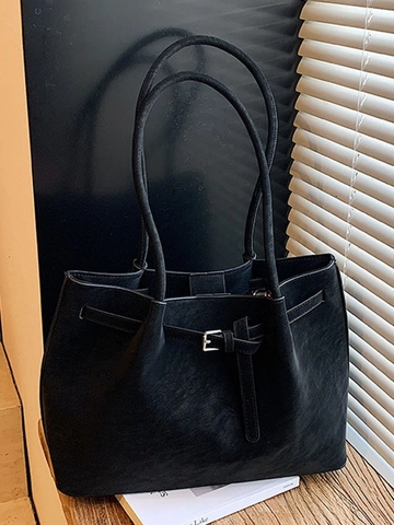 Bolso Tote de Cuero PU Mate Retro para Mujer Gran Capacidad Bolso de Hombro para Viaje Diario Con Hebilla Decorativa Color Sólido