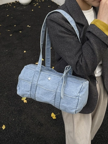 Sac à Épaule Baril en Toile Denim Rétro pour Femmes Sac Tote Grande Capacité Sous le Bras Avec Bandoulière Réglable