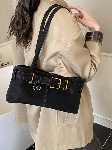 French Vintage Matte PU Leather Baguette Shoulder Bag For Women Retro Belt Buckle Underarm Bag Fashion Daily Handbag