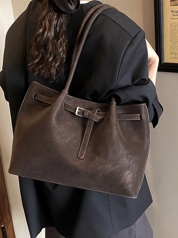 Bolso Tote de Cuero PU Mate Retro para Mujer Gran Capacidad Bolso de Hombro para Viaje Diario Con Hebilla Decorativa Color Sólido