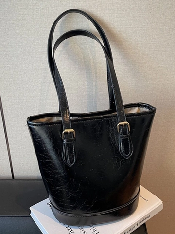 Retro Large Capacity PU Leather Bucket Bag For Women Fashion Glossy Solid Color Shoulder Bag Daily Commute Tote Bag
