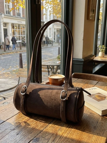 Vintage Cylinder Shoulder Bag For Women Retro Frosted PU Leather Underarm Handbag With Adjustable Straps And Zipper Closure