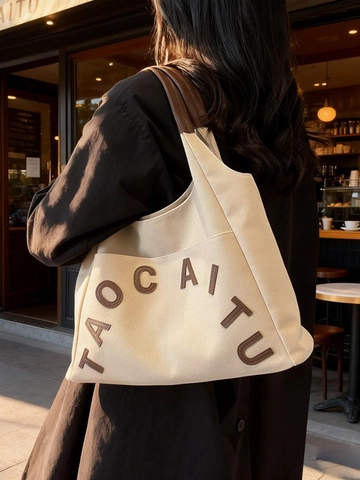 Women Large Capacity Canvas Tote Bag Retro Alphabet Patchwork Shoulder Bag Casual College Style Commuter Handbag For School Office
