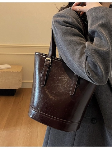 Retro Large Capacity PU Leather Bucket Bag For Women Fashion Glossy Solid Color Shoulder Bag Daily Commute Tote Bag