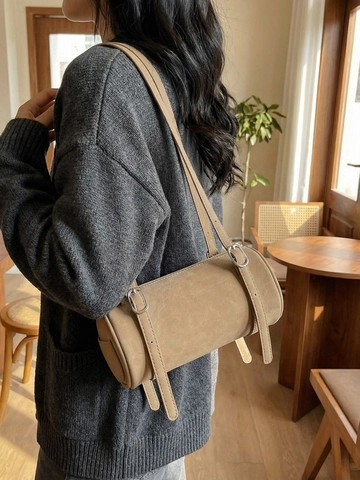Vintage Cylinder Shoulder Bag For Women Retro Frosted PU Leather Underarm Handbag With Adjustable Straps And Zipper Closure