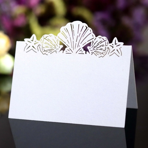 Laser Cut Ocean Theme Shell Starfish Hollow Place Cards Pearlescent Paper Folded Table Name Cards For Wedding Party Decoration