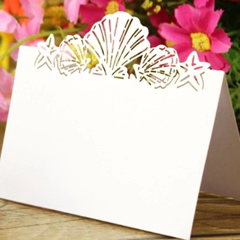 Laser Cut Ocean Theme Shell Starfish Hollow Place Cards Pearlescent Paper Folded Table Name Cards For Wedding Party Decoration