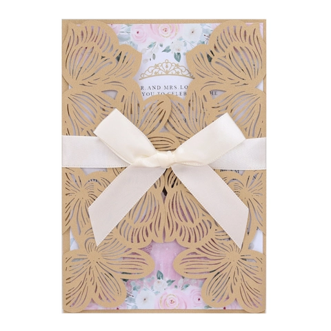 Laser Cut Wedding Invitations Elegant Pearlescent Paper Hollow Floral Cards Satin Ribbon Marriage Anniversary Party Decor