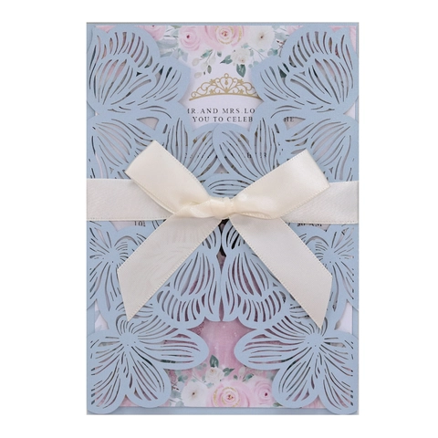 Laser Cut Wedding Invitations Elegant Pearlescent Paper Hollow Floral Cards Satin Ribbon Marriage Anniversary Party Decor