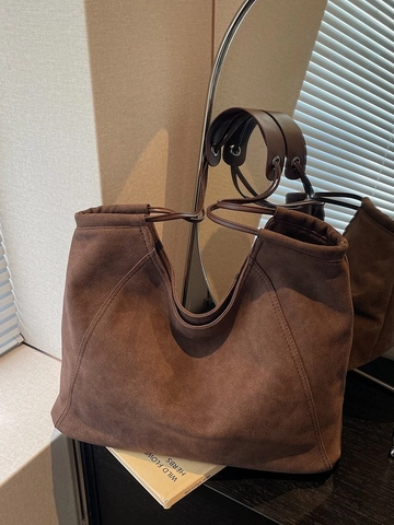 Bolso Tote de Gamuza Vintage de Gran Capacidad para Mujer Nuevo Bolso de Hombro Casual Relajado de Tela de Gamuza Color Sólido