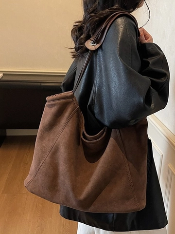 Bolso Tote de Gamuza Vintage de Gran Capacidad para Mujer Nuevo Bolso de Hombro Casual Relajado de Tela de Gamuza Color Sólido