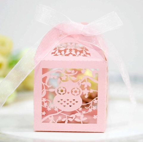 Caja de Recuerdos de Papel Perlado Búho Recorte Láser Con Lazo para Boda Fiesta Caja de Embalaje de Regalo de Chocolate