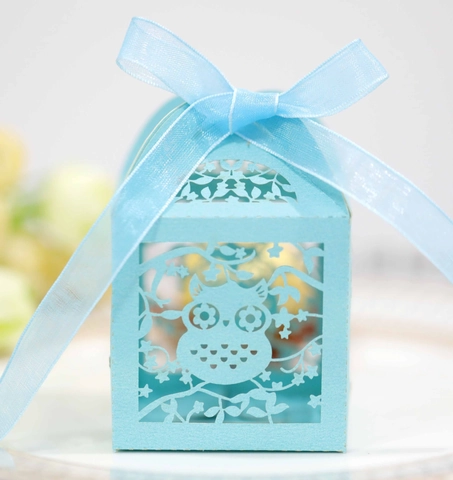 Caja de Recuerdos de Papel Perlado Búho Recorte Láser Con Lazo para Boda Fiesta Caja de Embalaje de Regalo de Chocolate