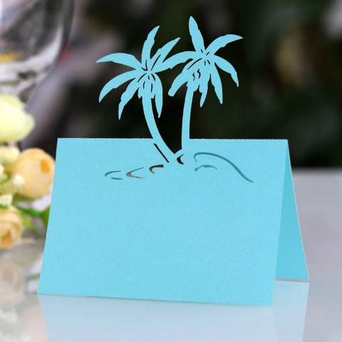Tropical Coconut Tree Laser Cut Place Cards 3D Hollow Out Pearlescent Paper Table Seat Cards For Beach Wedding Party Decor