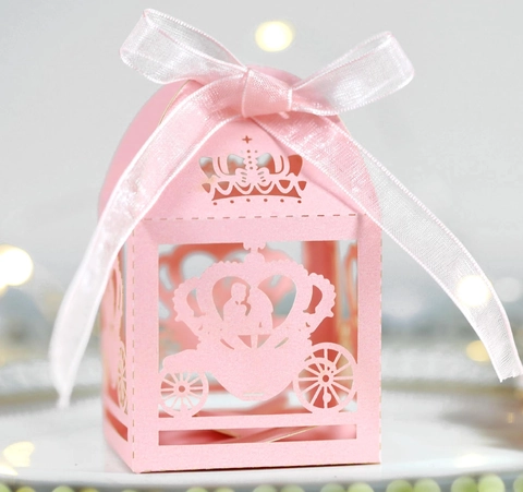 European Laser Cut Crown Pumpkin Carriage Pearl Paper Wedding Candy Favor Box With Ribbon Bow For Bridal Shower Party Celebrations