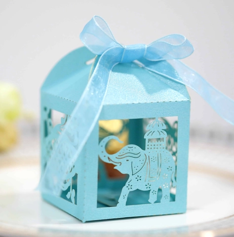 Laser Cut Elephant Candy Box Pearlescent Paper Ribbon Favor Box Wedding Party Birthday Baby Shower Hollow Out Gift Box