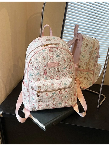 Süßer Cartoon Bär PU Leder Rucksack Für Damen Mode Bedruckt Blumen Schultasche Lässig Reise Daypack Für Schüler Mädchen
