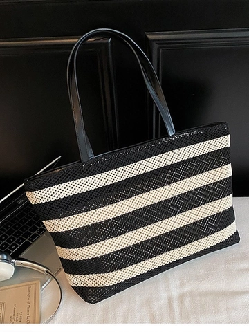 Bolso Tote de Paja Tejida para Mujer Gran Capacidad a Rayas Vacaciones Playa Bolso de Hombro Casual Bolso de Compras Tejido a Mano