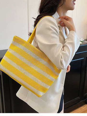 Bolso Tote de Paja Tejida para Mujer Gran Capacidad a Rayas Vacaciones Playa Bolso de Hombro Casual Bolso de Compras Tejido a Mano