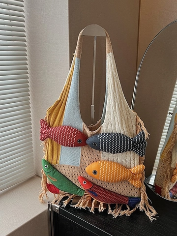 Vintage Knitted Patchwork Tote Bag With 3D Fish Decor Tassel Contrast Color Crochet Shoulder Bag For Women Casual Daily Shopping