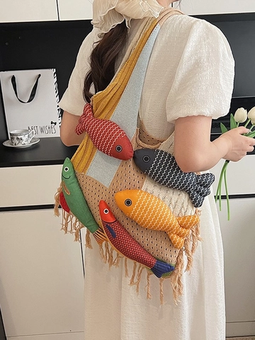 Vintage Knitted Patchwork Tote Bag With 3D Fish Decor Tassel Contrast Color Crochet Shoulder Bag For Women Casual Daily Shopping