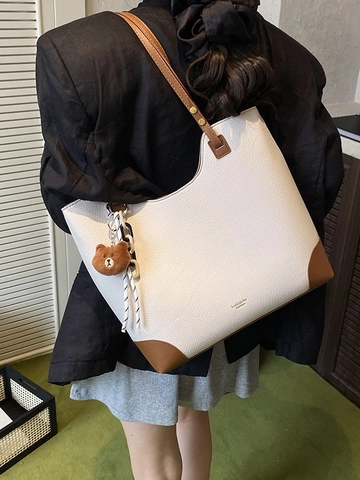 Borsa Tote Grande Capacità Vintage per Donna in Pelle PU Motivo Litchi Borsa a Tracolla con Ciondolo a Orso Borsa Pendolare Spesa