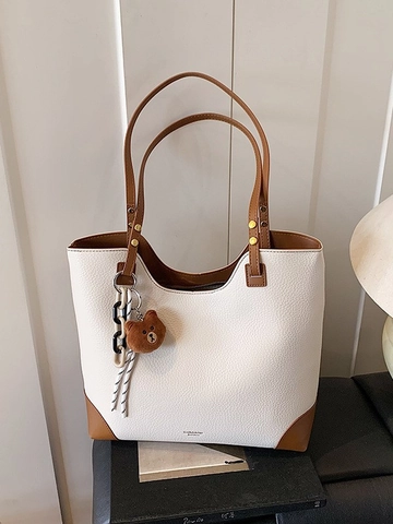 Borsa Tote Grande Capacità Vintage per Donna in Pelle PU Motivo Litchi Borsa a Tracolla con Ciondolo a Orso Borsa Pendolare Spesa