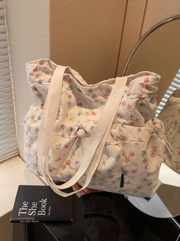 Sac Fourre-tout en Toile Imprimé Floral pour Femmes Grande Capacité Cordon de Serrage Sac à Épaule Style Pastoral Sac à Main Plaid