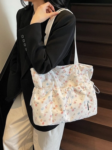 Sac Fourre-tout en Toile Imprimé Floral pour Femmes Grande Capacité Cordon de Serrage Sac à Épaule Style Pastoral Sac à Main Plaid