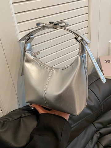 Bolso Hobo de Axila de Cuero PU Metálico Vintage para Mujer Con Correa de Lazo Bolso de Hombro de Color Sólido Bolso de Mano Chic