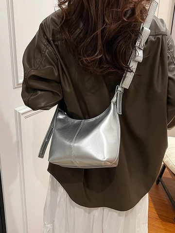 Bolso Hobo de Axila de Cuero PU Metálico Vintage para Mujer Con Correa de Lazo Bolso de Hombro de Color Sólido Bolso de Mano Chic