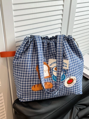 Borsa Tote in Tessuto Oxford a Quadretti con Ricamo Cartoon Grande Capacità Borsa a Tracolla Casual Versatile con Coulisse per Donna Studente