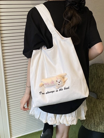 Große Kapazität Segeltuch Tragetasche Für Damen Süße Plüschpuppe Dekoration Schultertasche Casual Täglich Pendeln Student Handtasche Schultasche