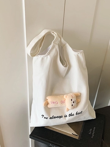 Große Kapazität Segeltuch Tragetasche Für Damen Süße Plüschpuppe Dekoration Schultertasche Casual Täglich Pendeln Student Handtasche Schultasche