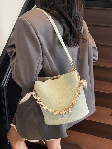 Women Litchi Texture PU Leather Bucket Bag With Scarf Wrapped Chain Handle Fashion Versatile Crossbody Shoulder Bag Handbag