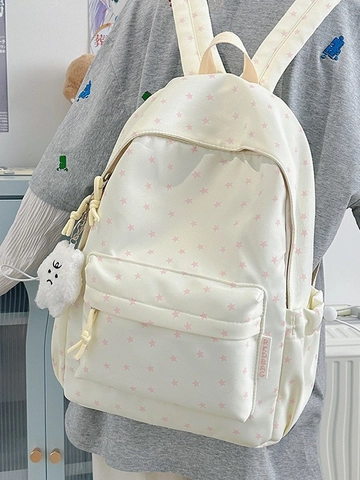 Preppy Rucksack Damen Große Kapazität Nylon Sternendruck College Student Lässige Schultasche Leichter Reise-Rucksack Mit Plüsch-Anhänger