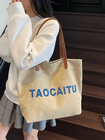 Women Large Capacity Canvas Tote Bag With Artificial Leather Handle TAOCAITU Letter Embroidery Magnetic Clasp Shoulder Bag