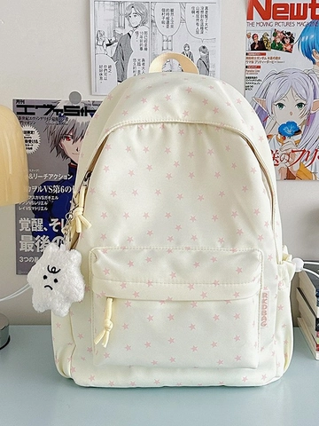 Preppy Rucksack Damen Große Kapazität Nylon Sternendruck College Student Lässige Schultasche Leichter Reise-Rucksack Mit Plüsch-Anhänger