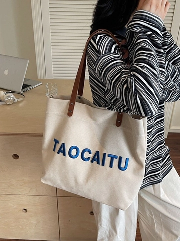 Women Large Capacity Canvas Tote Bag With Artificial Leather Handle TAOCAITU Letter Embroidery Magnetic Clasp Shoulder Bag